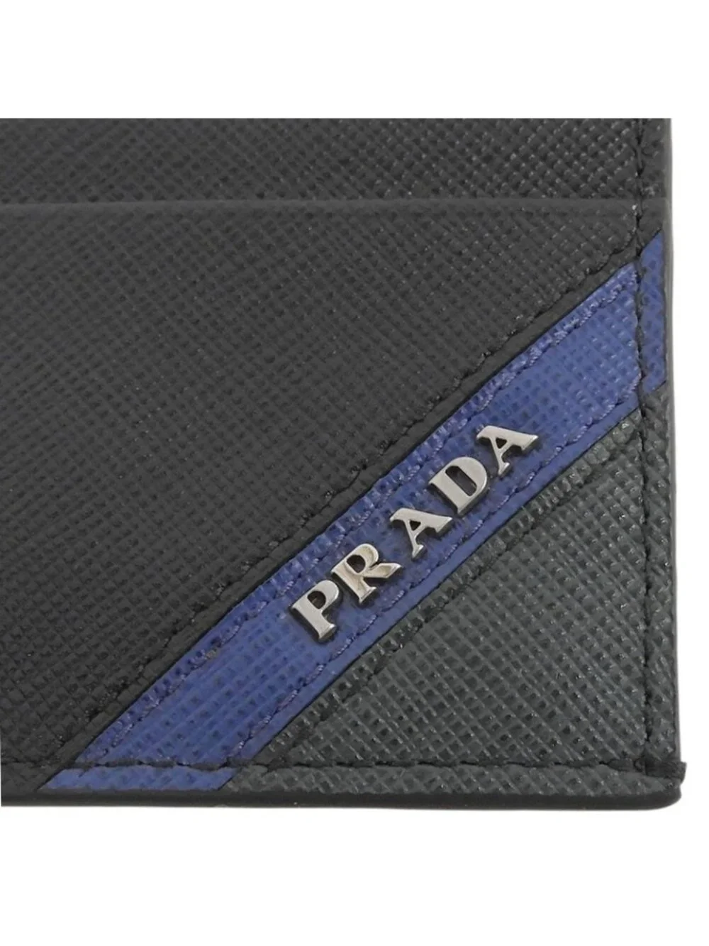 Prada Saffiano Leather Stripe Logo Business Card Case Black